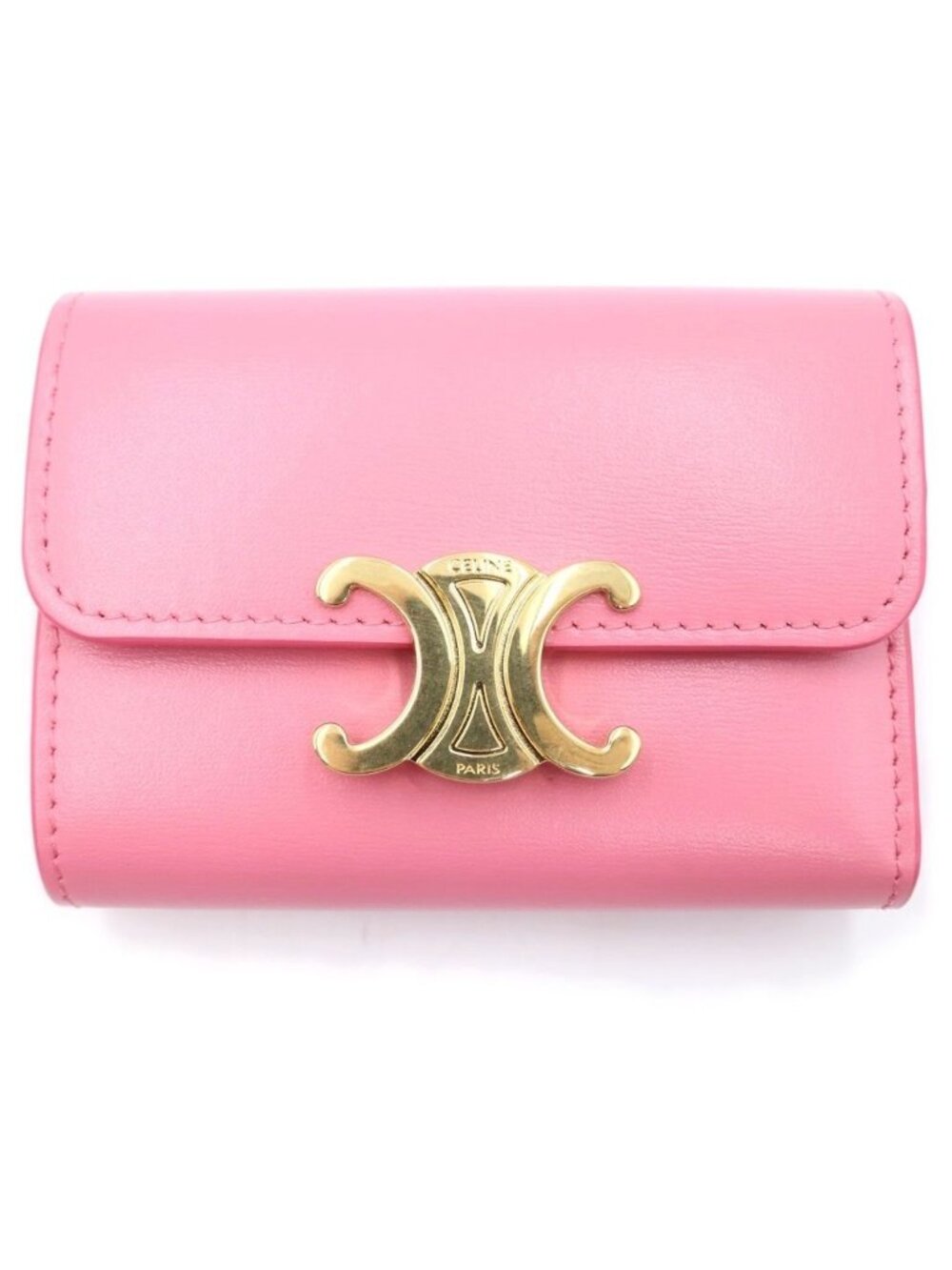 Celine Triomphe Compact Wallet with Coin Slot Trifold Pink Leather Gold